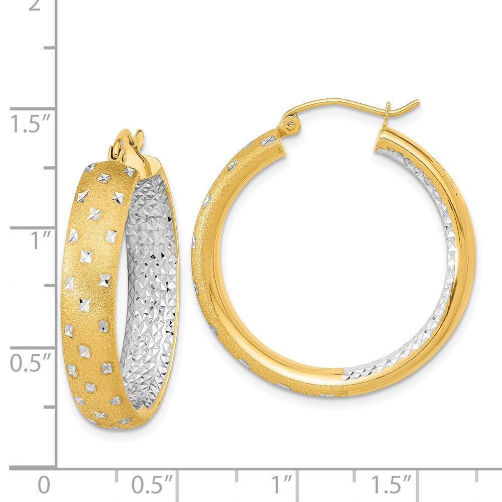 14k Yellow Gold White Rhodium Polished Satin Diamond-cut In/Out Hoop Earrings