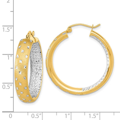 14k Yellow Gold White Rhodium Polished Satin Diamond-cut In/Out Hoop Earrings