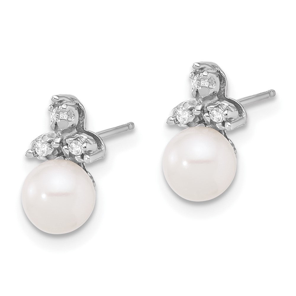 14k White Gold 6mm Round Freshwater Cultured Pearl & Diamond Stud Earrings