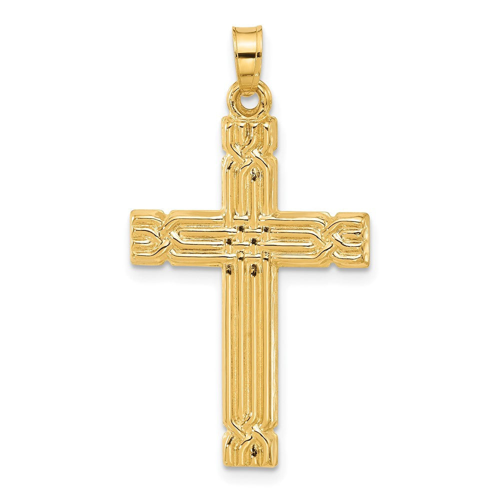 14k Yellow Gold Polished and Grooved Hollow Cross Pendant