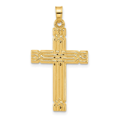 14k Yellow Gold Polished and Grooved Hollow Cross Pendant