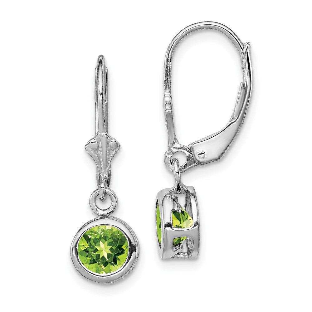 Sterling Silver Rhodium Plated 6mm Round Peridot Leverback Dangle Earrings