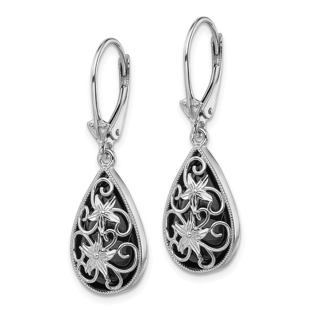 Sterling Silver RH-plated D/C Onyx Floral Tear Leverback Dangle Earrings