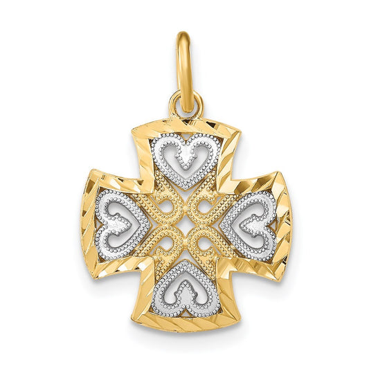 14k Yellow Gold Rhodium Hearts and Diamond-Cut Maltese Cross Charm Pendant