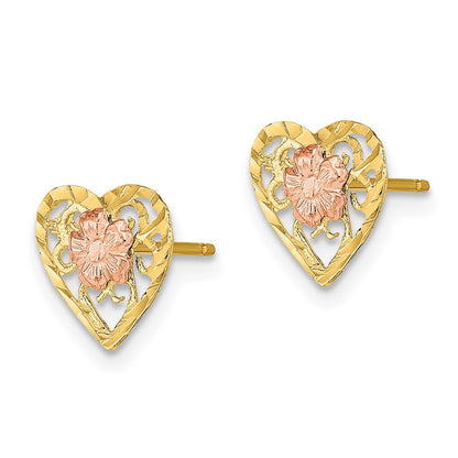 14k Two-tone Gold Diamond-Cut Heart and Flower Stud Earrings