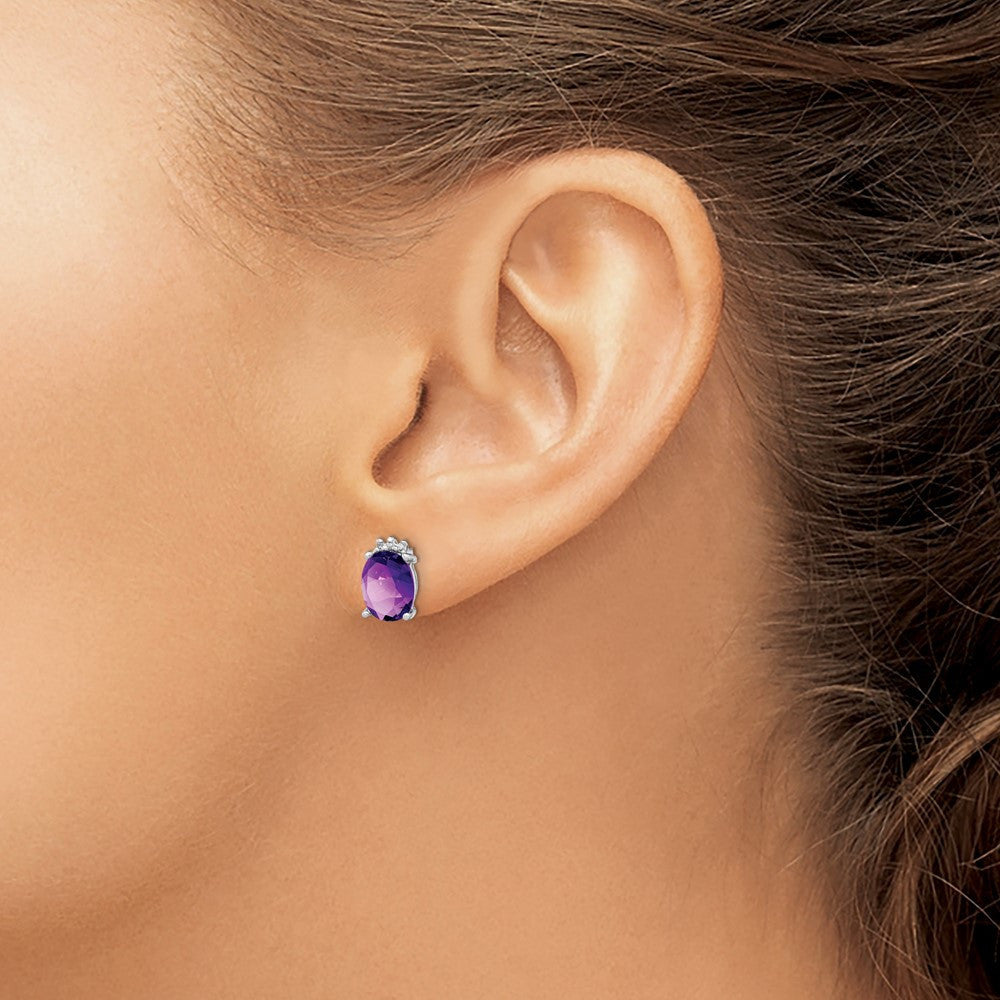 Sterling Silver Rhodium Plated Oval Amethyst and Diamond Button Stud Earrings