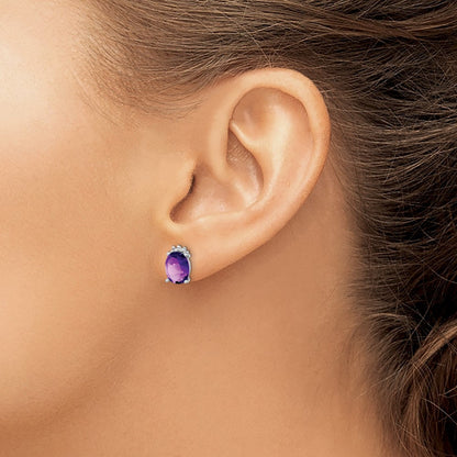 Sterling Silver Rhodium Plated Oval Amethyst and Diamond Button Stud Earrings