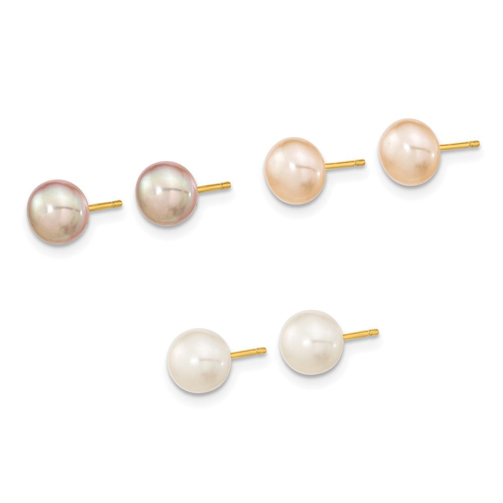 14k Yellow Gold 6-7mm Multicolor Button Cultured Pearl Stud Earrings 3 Pair Set