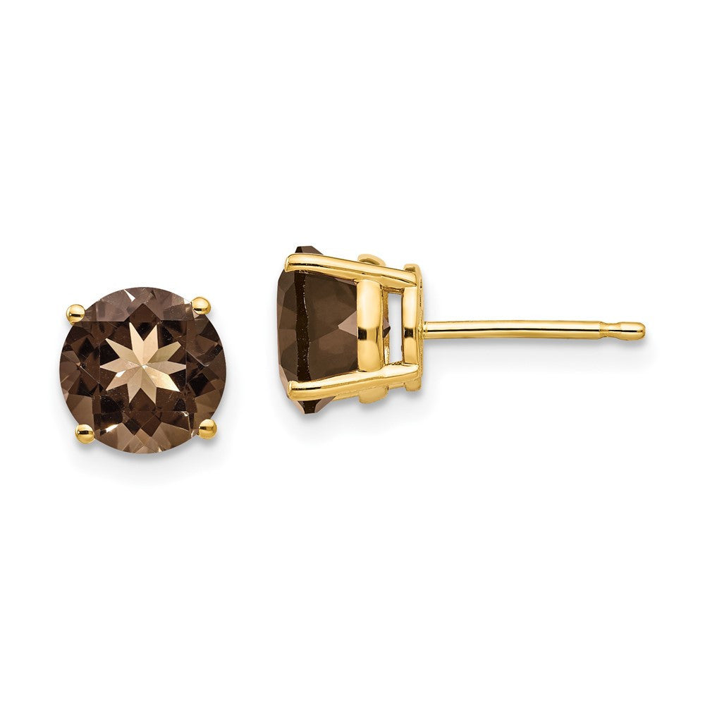 14k Yellow Gold 7mm Round Smoky Quartz Stud Earrings
