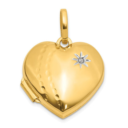14k Yellow Gold White Rhodium Polished Textured Diamond Heart Locket