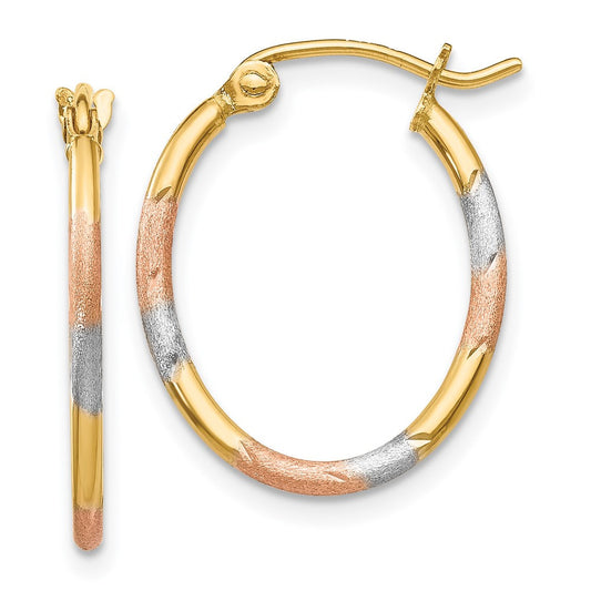 14k Yellow Gold w/White and Rose Rhodium Diamond Cut Hoop Earrings