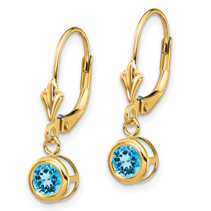 14k Yellow Gold 5mm Blue Topaz Leverback Earring
