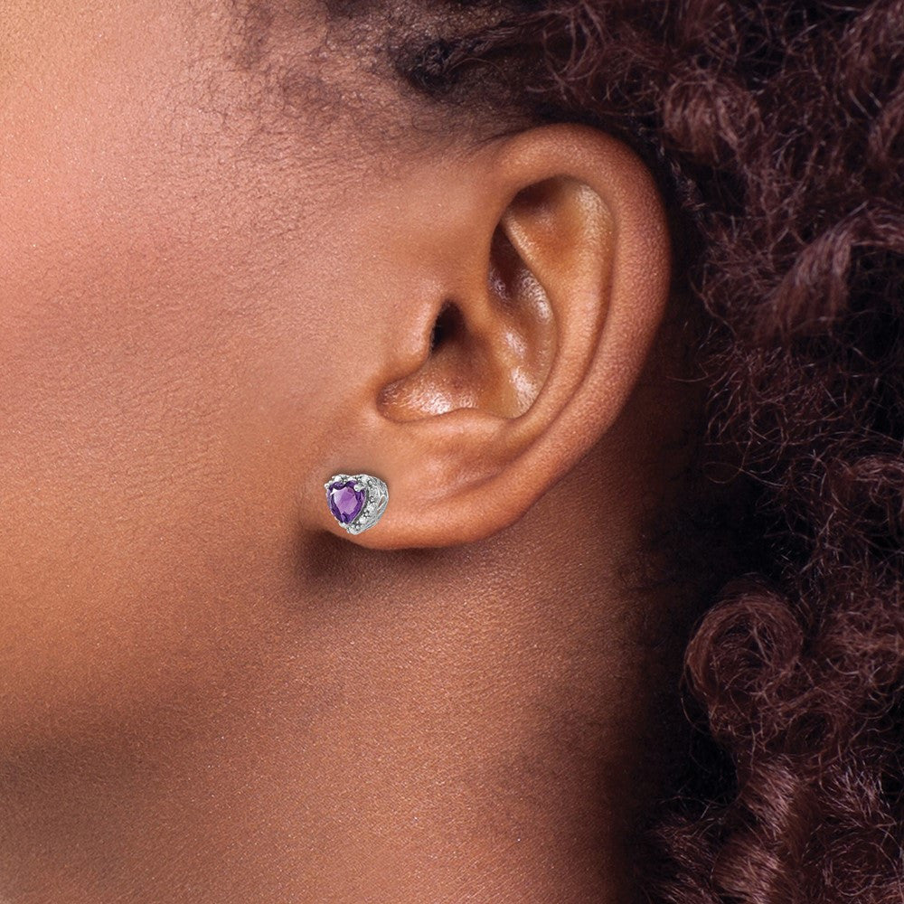 Sterling Silver Rhodium-plated Amethyst and Diamond Button Stud Earrings