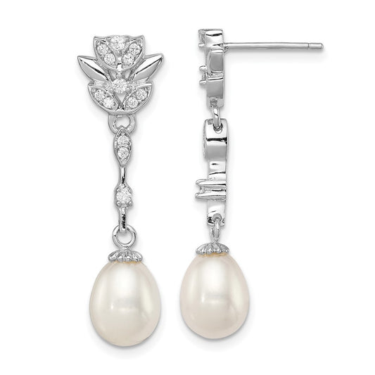Sterling Silver Rhodium 9mm Tear Freshwater Cultured Pearl & CZ Dangle Earrings