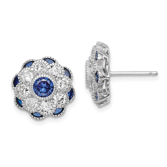 Sterling Silver CZ and Synthetic Blue Spinel Flower Stud Earrings