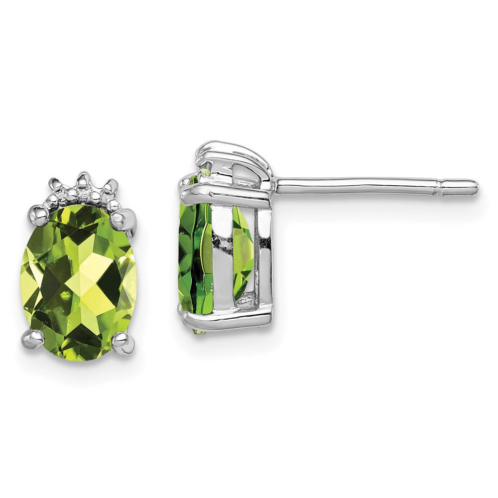 Sterling Silver Rhodium Plated Oval Peridot and Diamond Stud Earrings