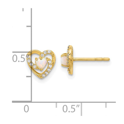 14k Yellow Gold CZ and Created Opal Heart Button Stud Earrings