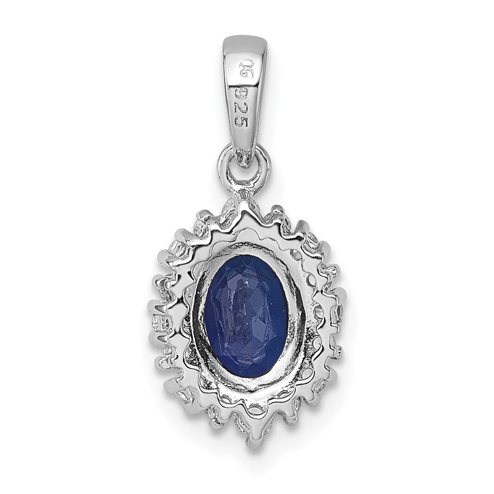 Sterling Silver SS RH-plated Polished Created Sapphire and CZ Oval Halo Pendant