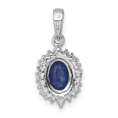 Sterling Silver SS RH-plated Polished Created Sapphire and CZ Oval Halo Pendant
