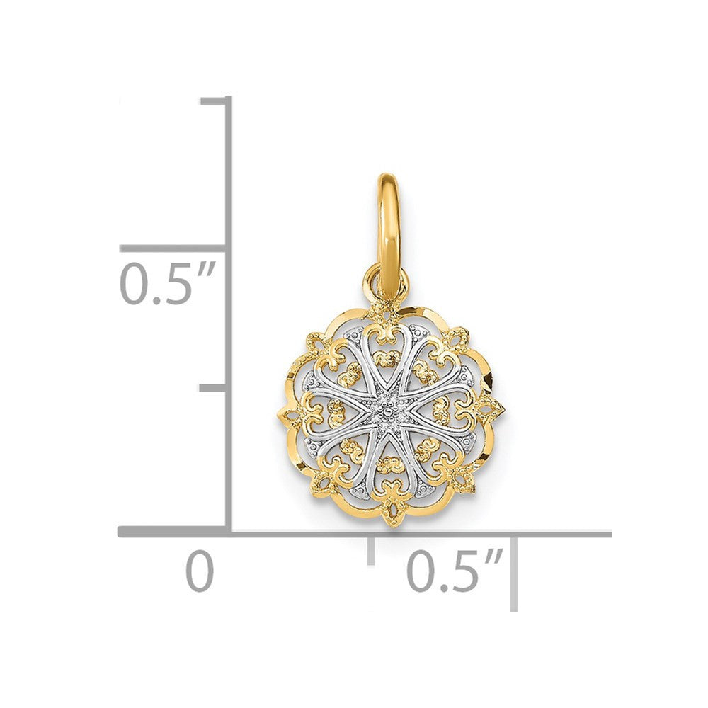 14k Yellow Gold Rhodium Filigree Hearts Charm Pendant