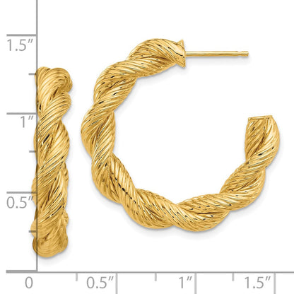 14k Yellow Gold Polished and Textured Twisted Hoop Earrings