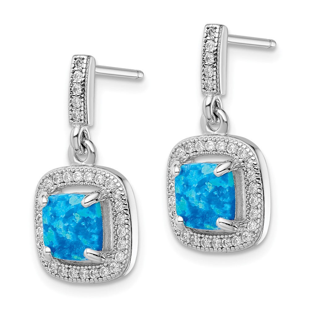Sterling Silver Rhodium-plated Blue Created Opal CZ Dangle Earrings