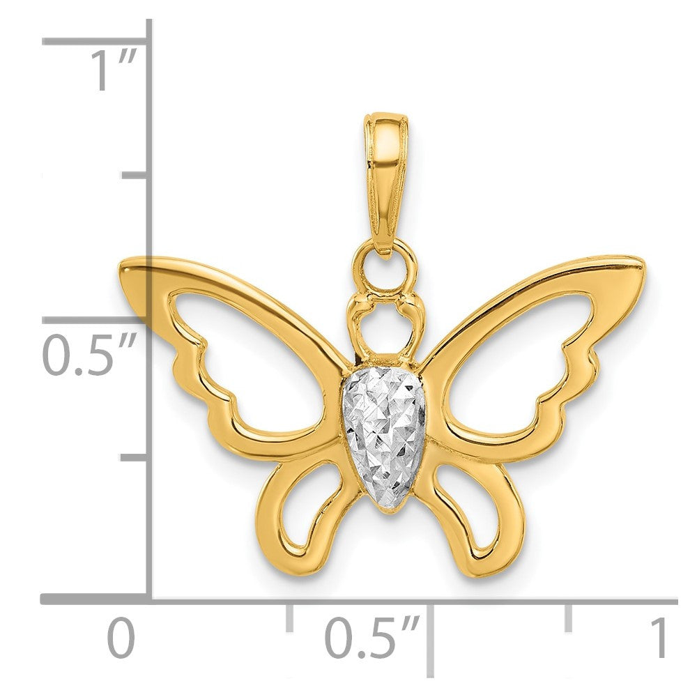 14k Yellow Gold and White Rhodium Polished and Diamond-Cut Butterfly Pendant
