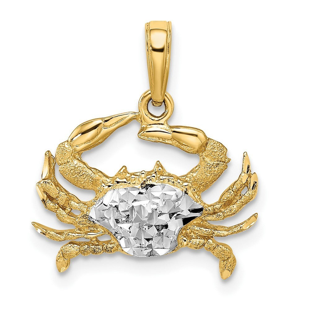 14k Yellow Gold Rhodium Diamond-cut Blue Crab Pendant