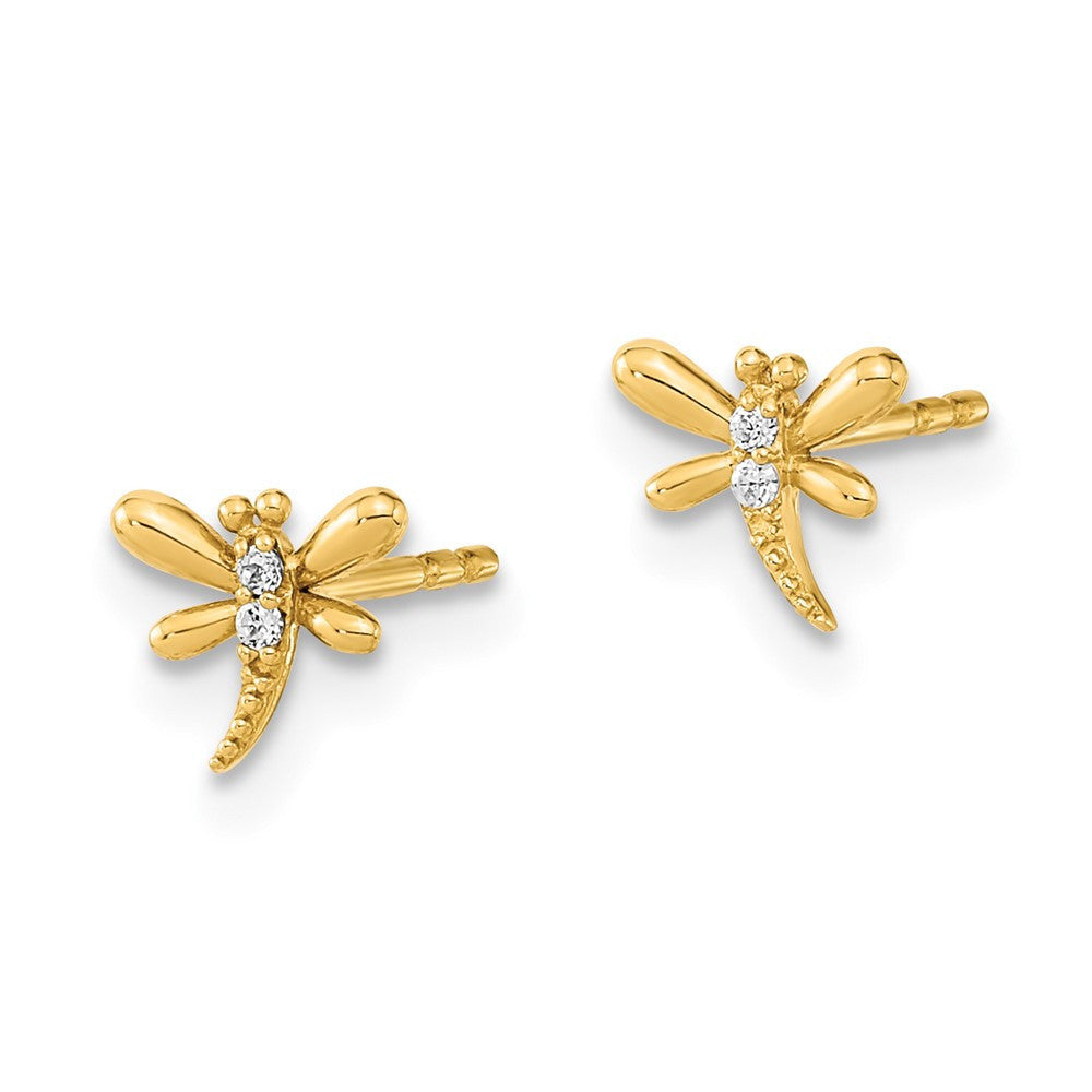 14k Yellow Gold Polished Dragonfly with CZ Button Stud Earrings