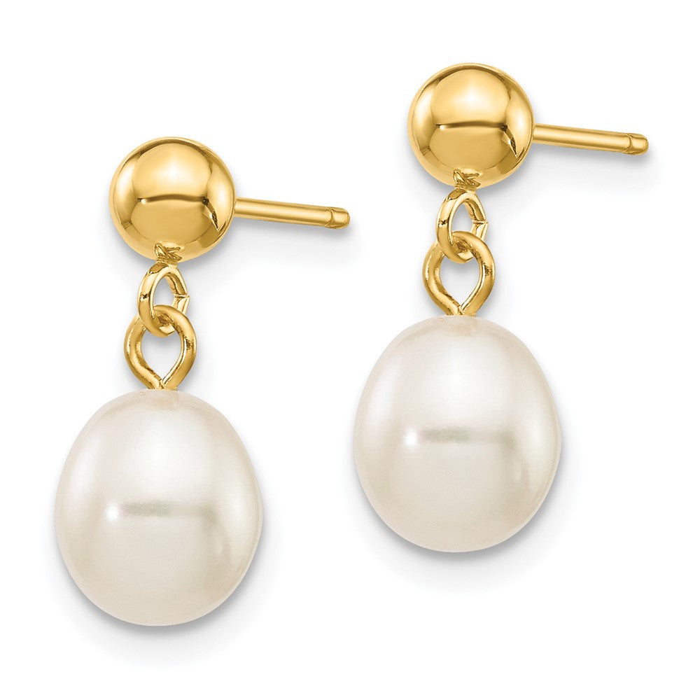 14k Yellow Gold 6-7mm White Rice Freshwater Cultured Pearl Dangle Earrings