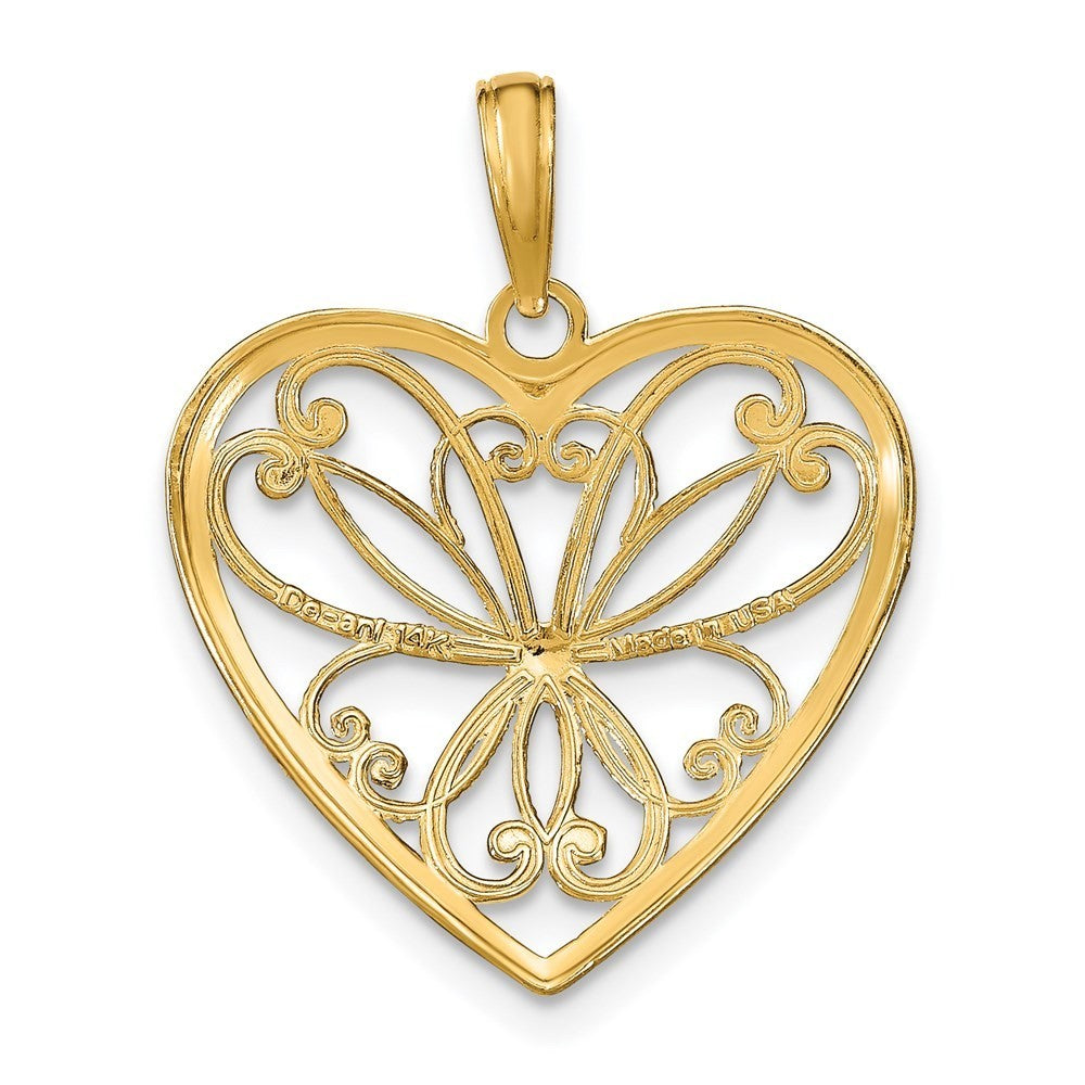 14k Yellow Gold Rhodium Filigree Heart Charm Pendant