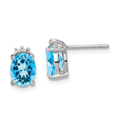 Sterling Silver Rhodium Plated Oval Blue Topaz and Diamond Button Stud Earrings