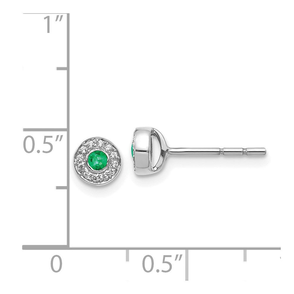 14k White Gold Diamond and Emerald Halo Button Stud Earrings