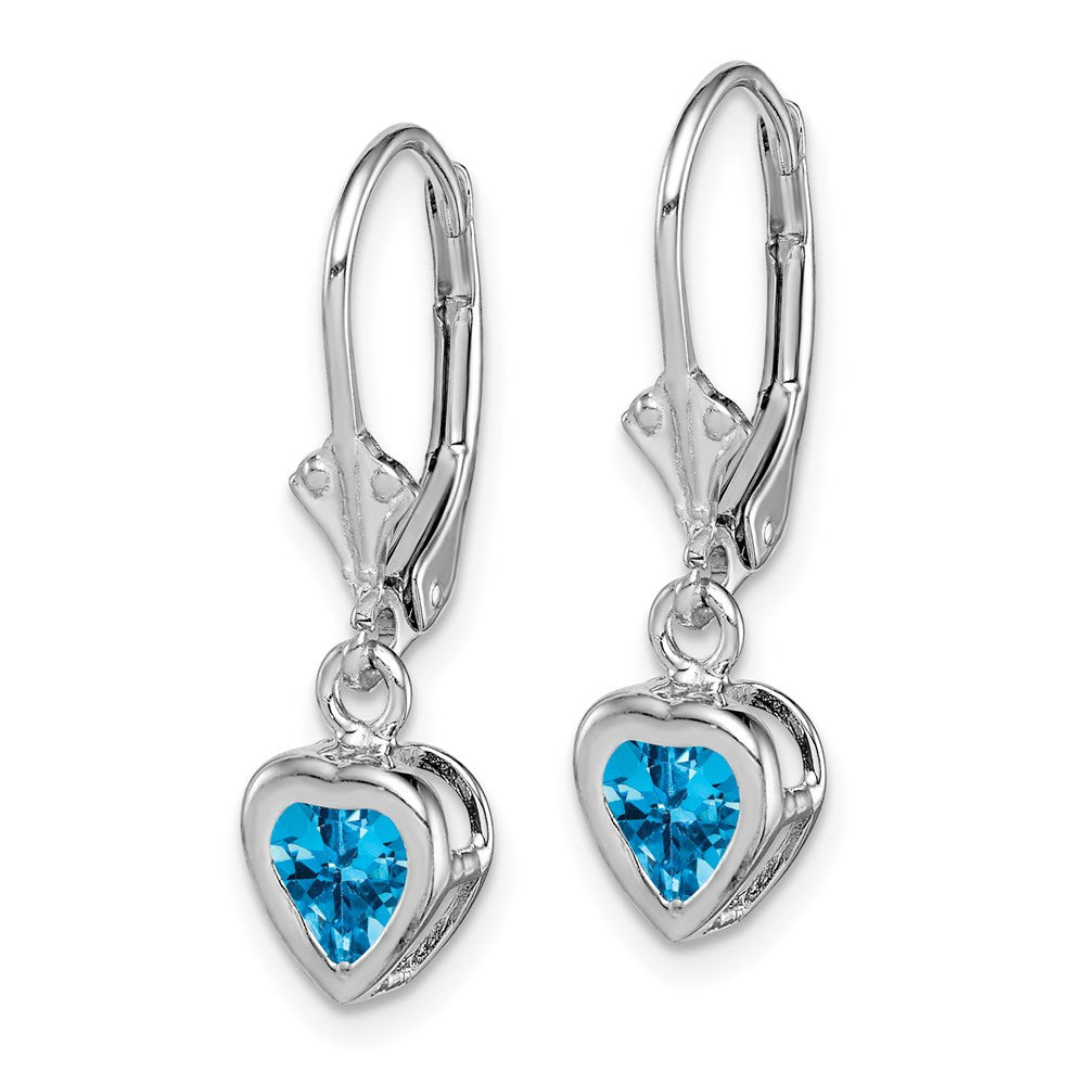 Sterling Silver Rhodium Plated 5mm Heart Blue Topaz Leverback Dangle Earrings