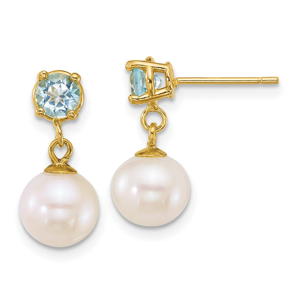 14k Yellow Gold 7-8mm Freshwater Cultured Pearl & Blue Topaz Dangle Earrings