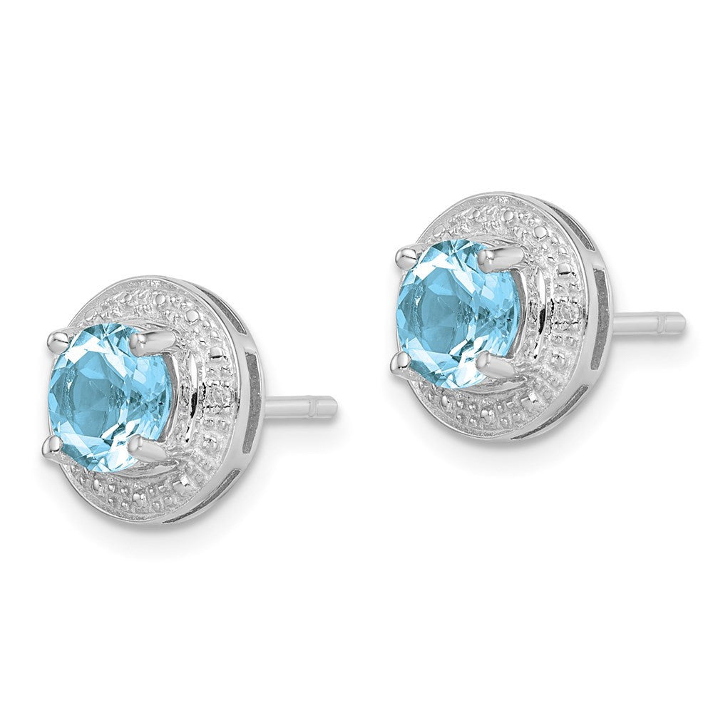 Sterling Silver Rhodium Plated Diamond and Blue Topaz Button Stud Earrings
