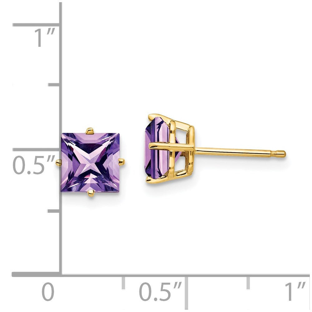 14k Yellow Gold 6mm Princess Cut Amethyst Stud Earrings