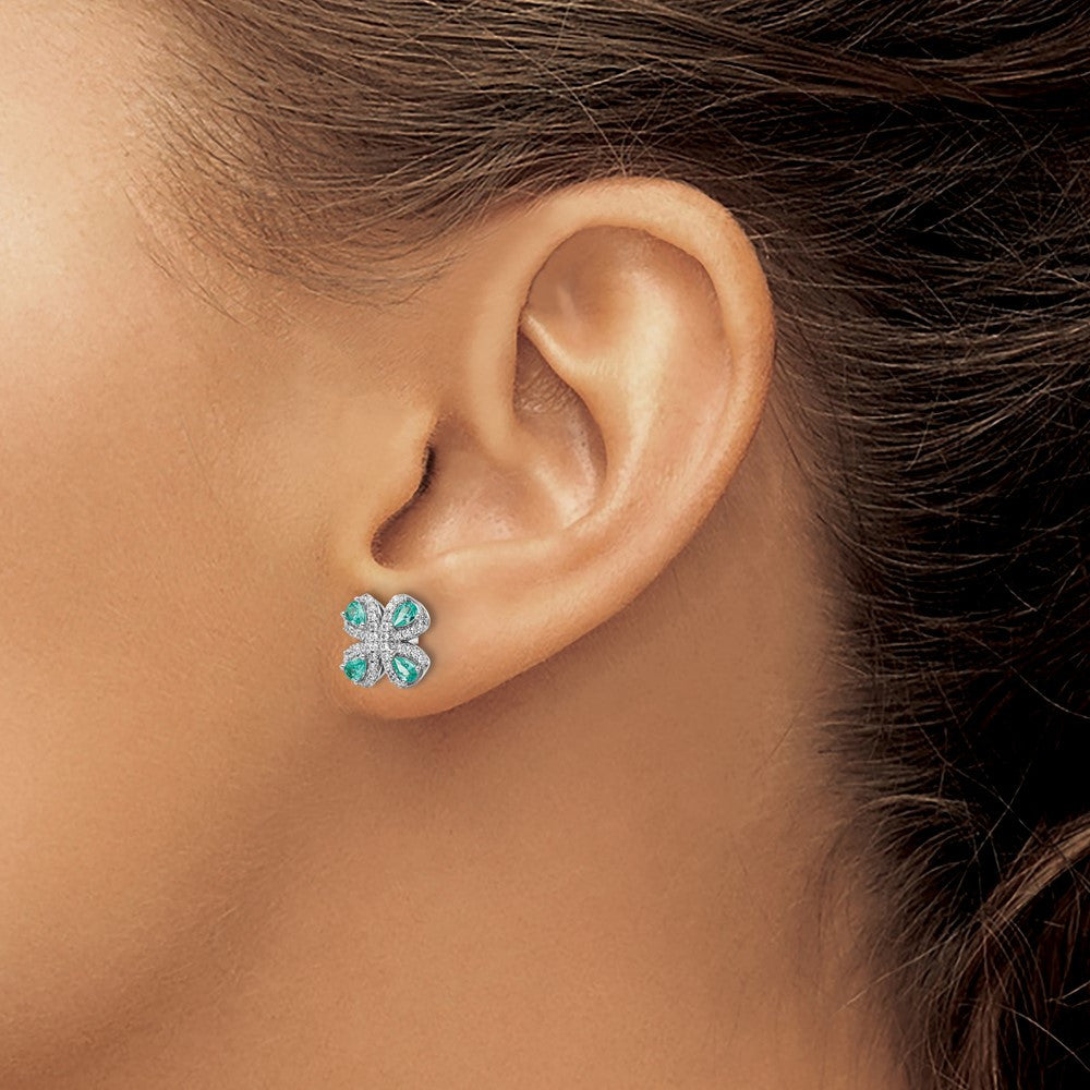 Sterling Silver Rhodium plated Teal & White CZ Button Stud Earrings