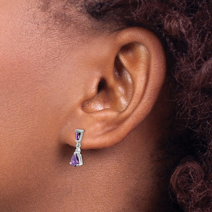 Sterling Silver Rhodium Plated Diamond and Amethyst Dangle Earrings