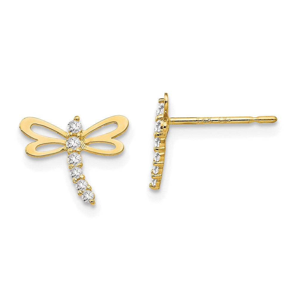 14k Yellow Gold CZ Children's Dragonfly Button Stud Earrings