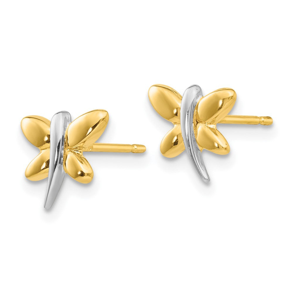 14k Yellow Gold with Rhodium Polished Dragonfly Stud Earrings