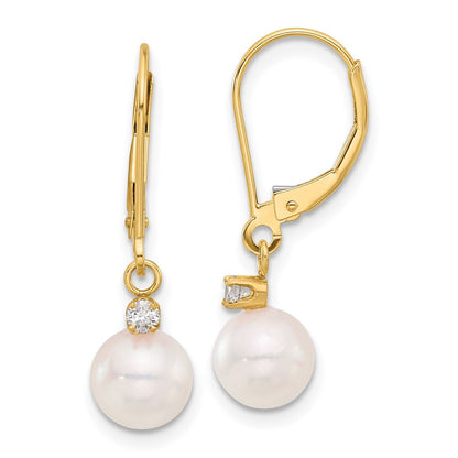 14k Yellow Gold 8mm Akoya Saltwater Cultured Pearl & Diamond Dangle Earrings