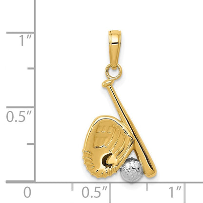 14k Yellow Gold Rhodium Baseball, Bat, and Glove Pendant