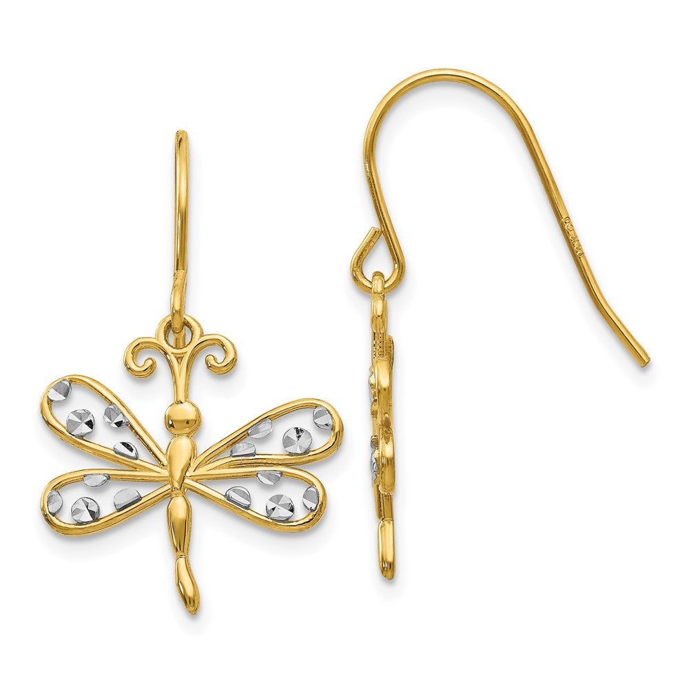 14k Yellow Gold & Rhodium Diamond-cut Dragonfly Shepherd Hook Dangle Earrings