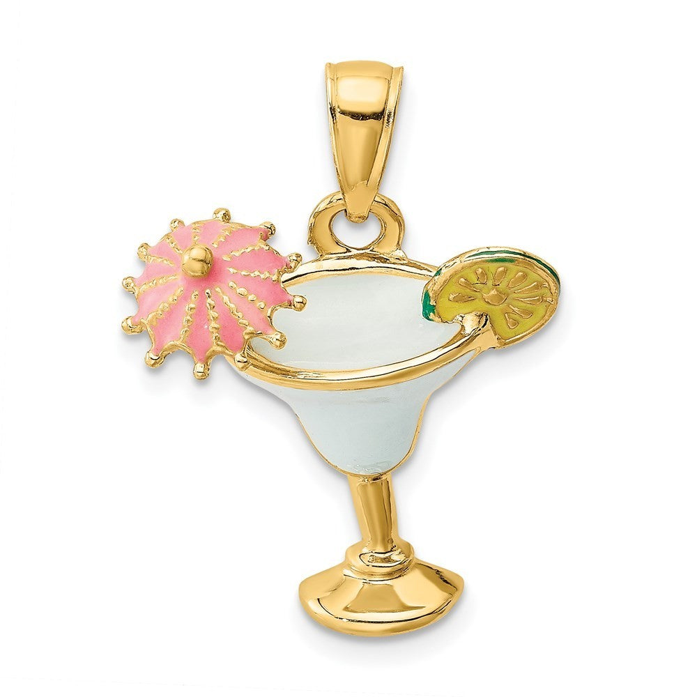 14k Yellow Gold Enameled Margarita Drink Umbrella and Lime Charm Pendant