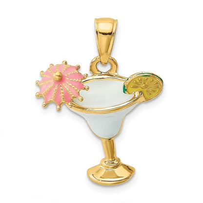 14k Yellow Gold Enameled Margarita Drink Umbrella and Lime Charm Pendant