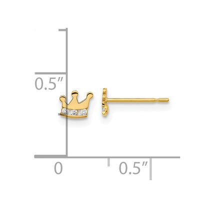 14k Yellow Gold Kids CZ Crown Button Stud Earrings