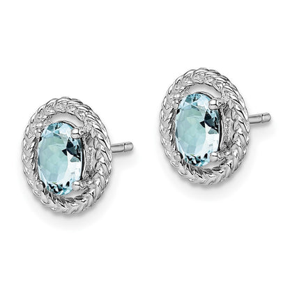 Sterling Silver Rhod-plat Aquamarine Oval Button Stud Earrings