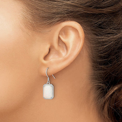 Sterling Silver RH-plated White Created Opal Beaded Border Dangle Earrings