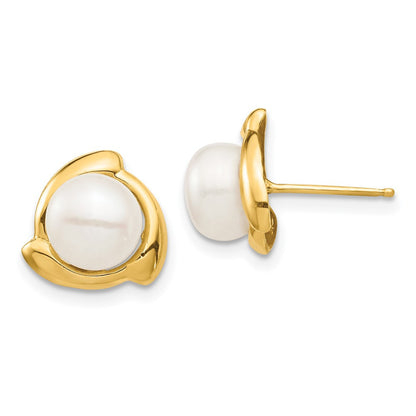 14k Yellow Gold 7-8mm White Button Freshwater Cultured Pearl Stud Earrings